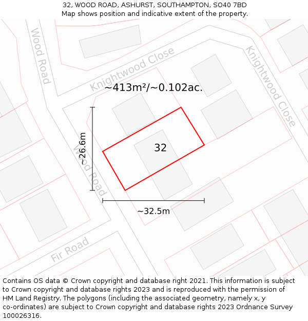 32, WOOD ROAD, ASHURST, SOUTHAMPTON, SO40 7BD: Plot and title map