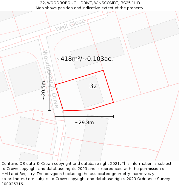 32, WOODBOROUGH DRIVE, WINSCOMBE, BS25 1HB: Plot and title map