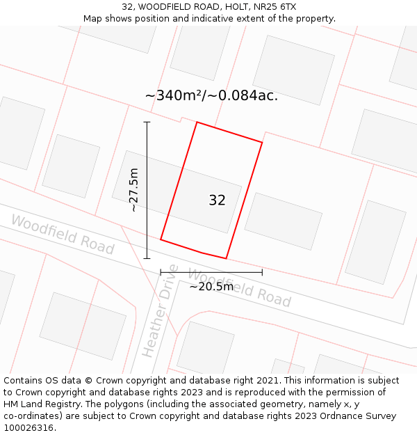 32, WOODFIELD ROAD, HOLT, NR25 6TX: Plot and title map