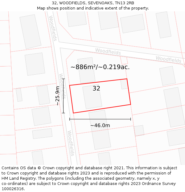 32, WOODFIELDS, SEVENOAKS, TN13 2RB: Plot and title map