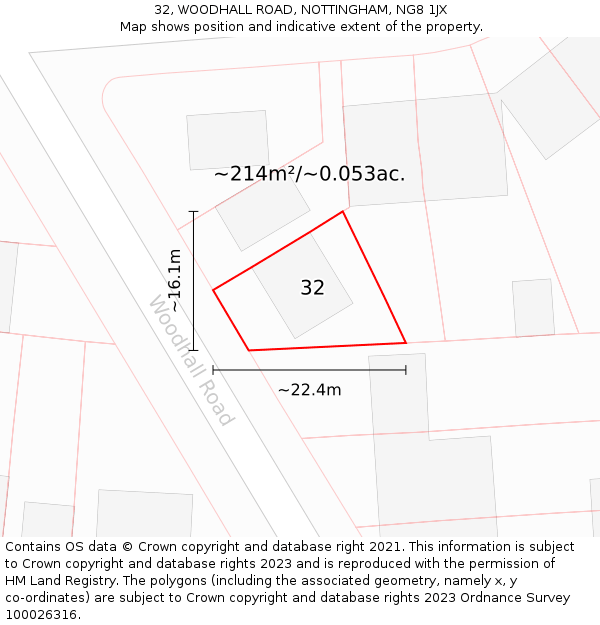 32, WOODHALL ROAD, NOTTINGHAM, NG8 1JX: Plot and title map