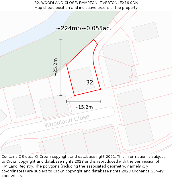 32, WOODLAND CLOSE, BAMPTON, TIVERTON, EX16 9DN: Plot and title map