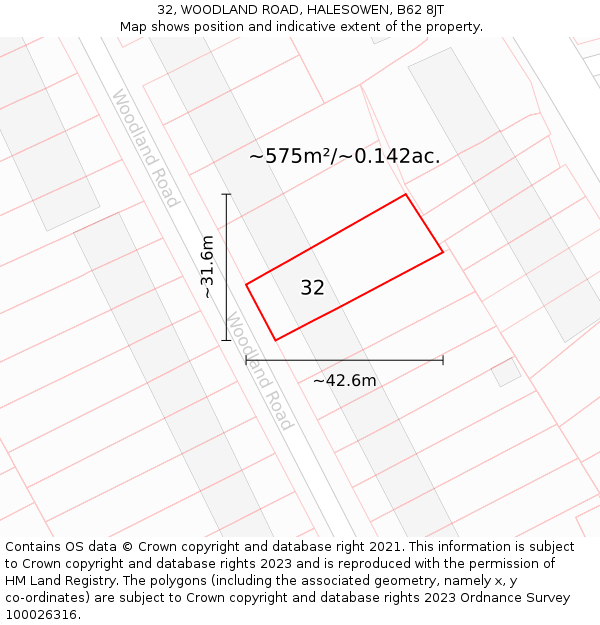 32, WOODLAND ROAD, HALESOWEN, B62 8JT: Plot and title map