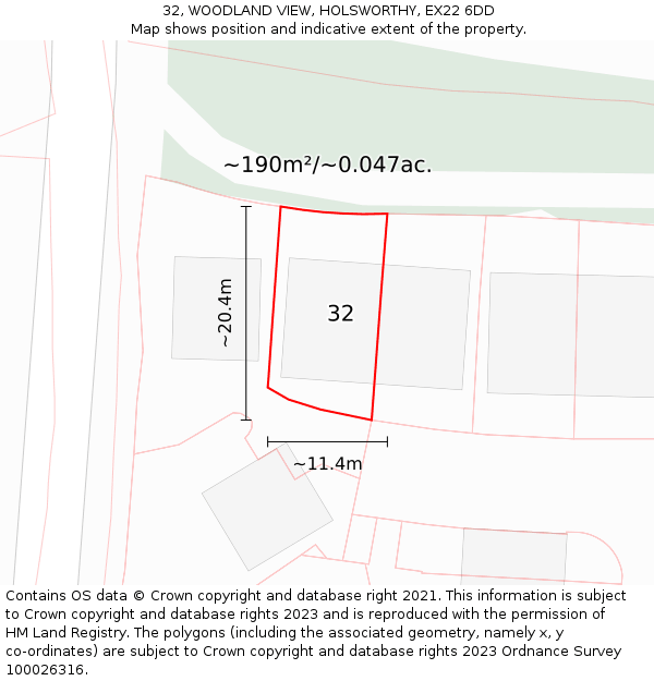 32, WOODLAND VIEW, HOLSWORTHY, EX22 6DD: Plot and title map