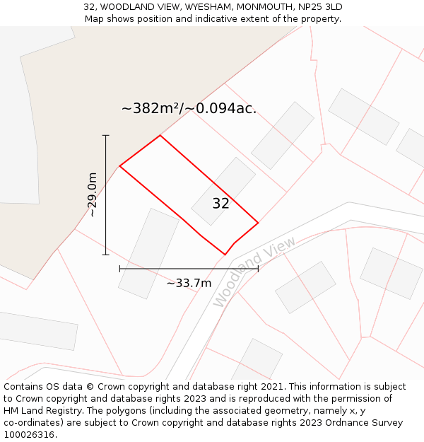 32, WOODLAND VIEW, WYESHAM, MONMOUTH, NP25 3LD: Plot and title map