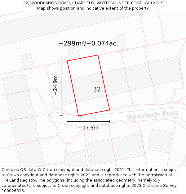 32, WOODLANDS ROAD, CHARFIELD, WOTTON-UNDER-EDGE, GL12 8LS: Plot and title map