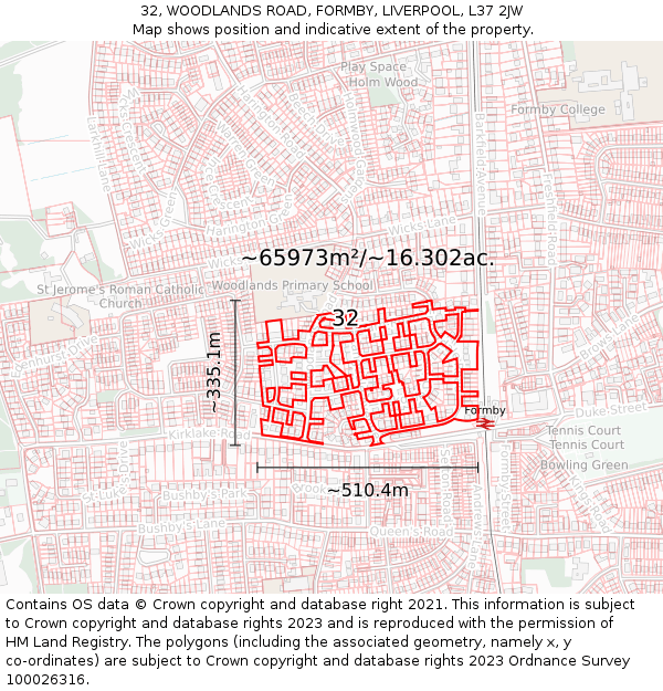 32, WOODLANDS ROAD, FORMBY, LIVERPOOL, L37 2JW: Plot and title map