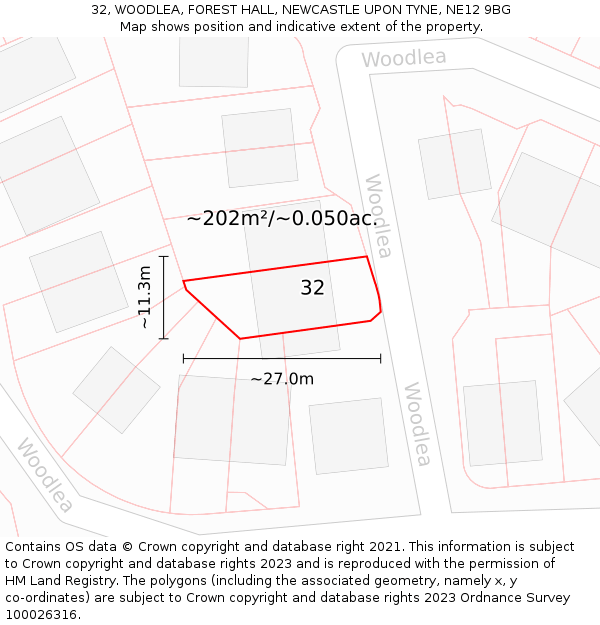 32, WOODLEA, FOREST HALL, NEWCASTLE UPON TYNE, NE12 9BG: Plot and title map