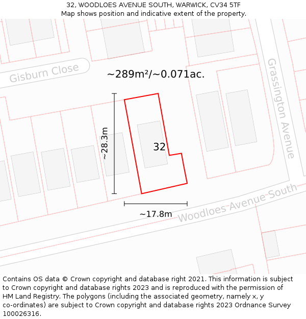 32, WOODLOES AVENUE SOUTH, WARWICK, CV34 5TF: Plot and title map