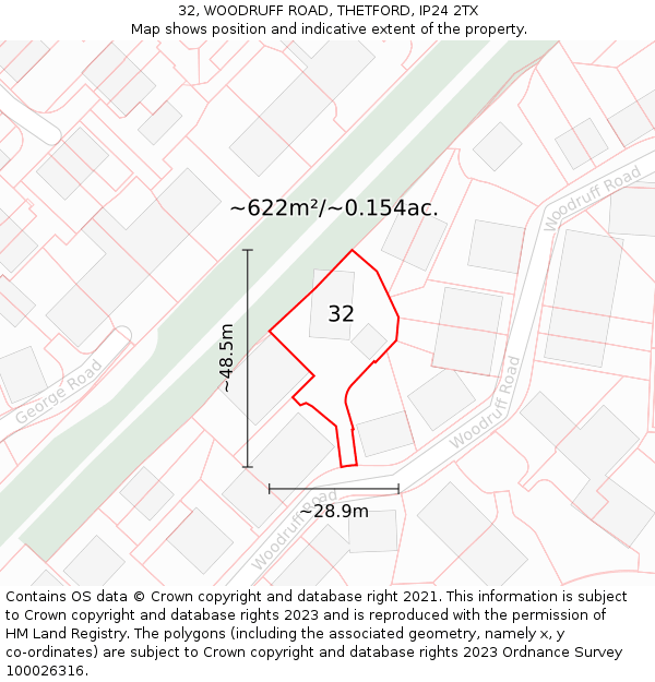 32, WOODRUFF ROAD, THETFORD, IP24 2TX: Plot and title map