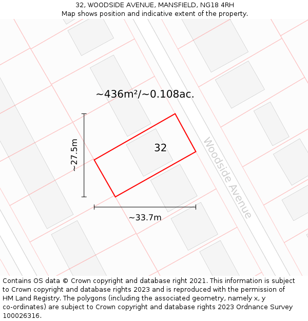 32, WOODSIDE AVENUE, MANSFIELD, NG18 4RH: Plot and title map