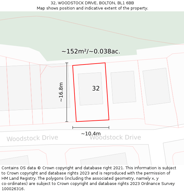 32, WOODSTOCK DRIVE, BOLTON, BL1 6BB: Plot and title map