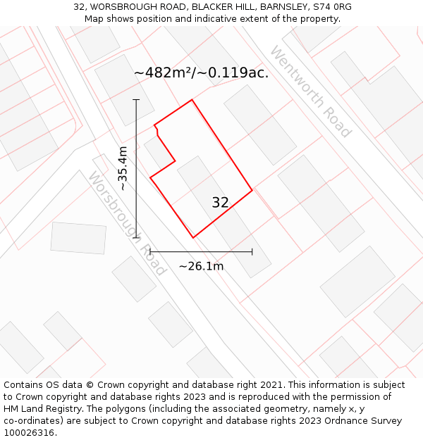 32, WORSBROUGH ROAD, BLACKER HILL, BARNSLEY, S74 0RG: Plot and title map