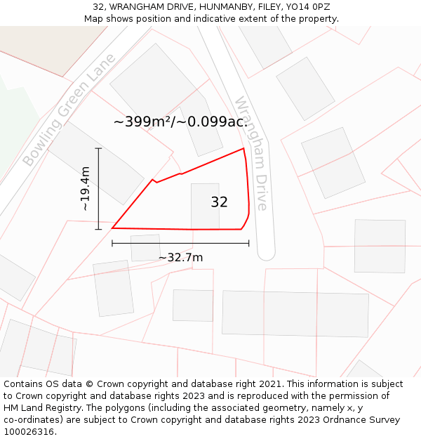 32, WRANGHAM DRIVE, HUNMANBY, FILEY, YO14 0PZ: Plot and title map