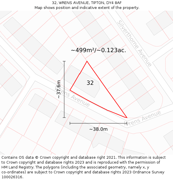 32, WRENS AVENUE, TIPTON, DY4 8AF: Plot and title map