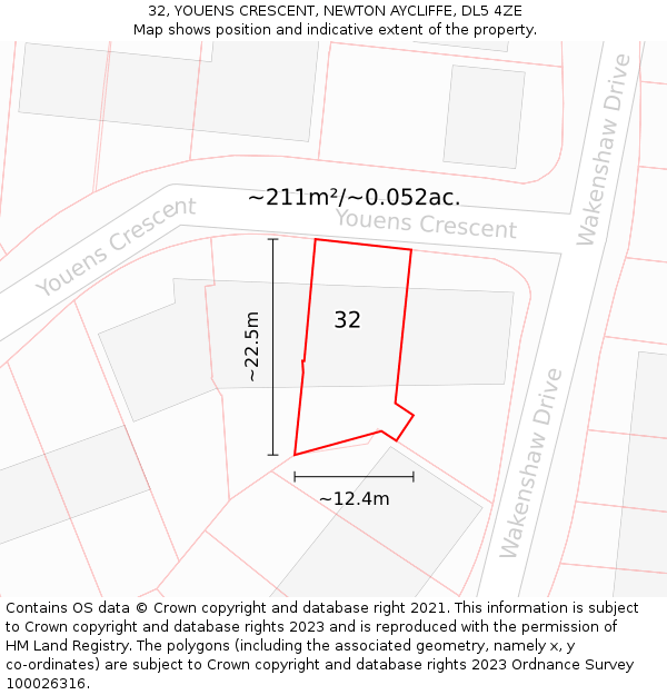 32, YOUENS CRESCENT, NEWTON AYCLIFFE, DL5 4ZE: Plot and title map