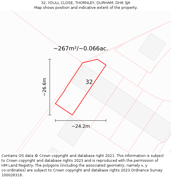 32, YOULL CLOSE, THORNLEY, DURHAM, DH6 3JA: Plot and title map