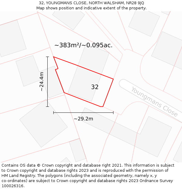 32, YOUNGMANS CLOSE, NORTH WALSHAM, NR28 9JQ: Plot and title map