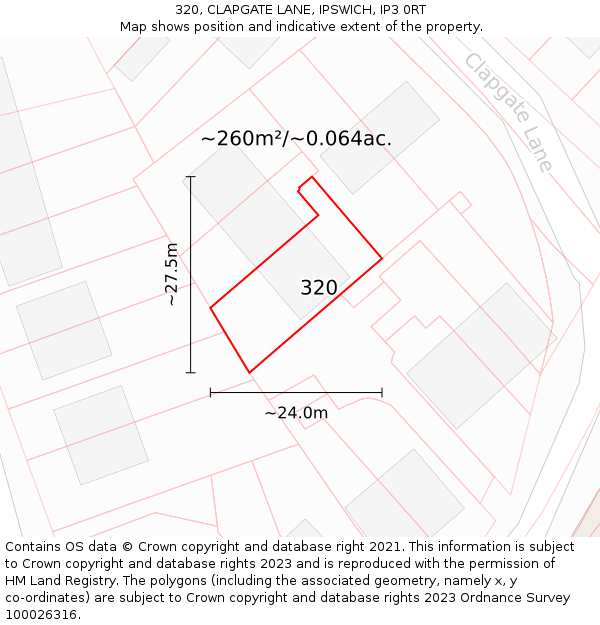 320, CLAPGATE LANE, IPSWICH, IP3 0RT: Plot and title map