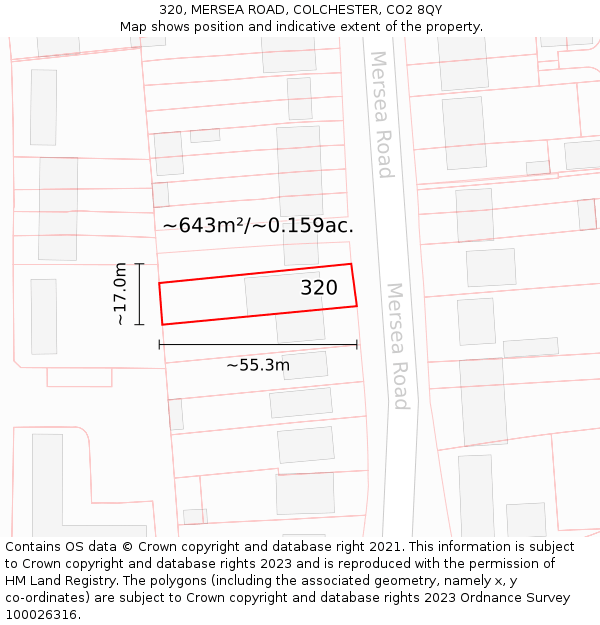 320, MERSEA ROAD, COLCHESTER, CO2 8QY: Plot and title map