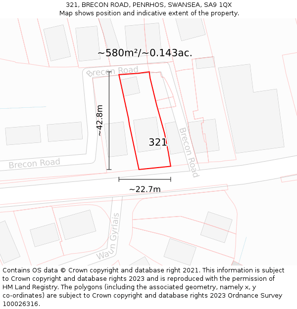 321, BRECON ROAD, PENRHOS, SWANSEA, SA9 1QX: Plot and title map