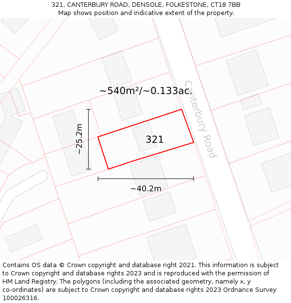 321, CANTERBURY ROAD, DENSOLE, FOLKESTONE, CT18 7BB: Plot and title map