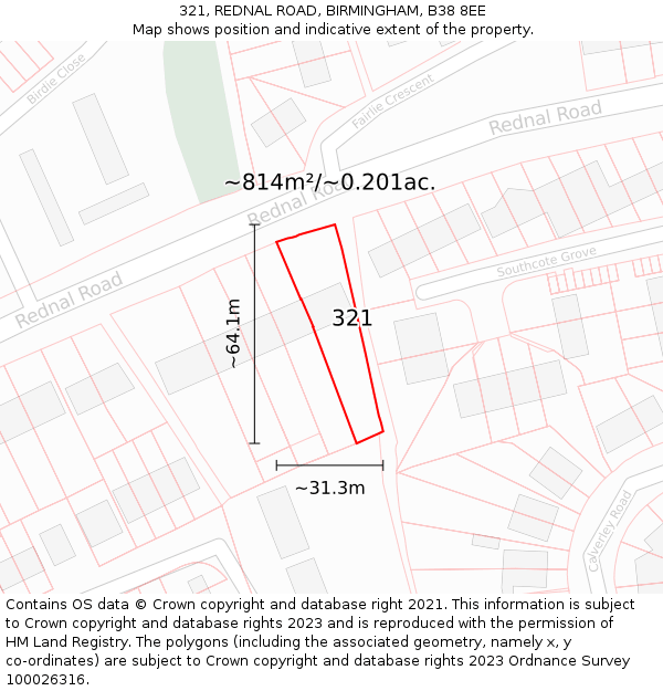 321, REDNAL ROAD, BIRMINGHAM, B38 8EE: Plot and title map