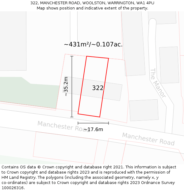 322, MANCHESTER ROAD, WOOLSTON, WARRINGTON, WA1 4PU: Plot and title map