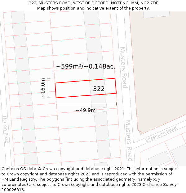 322, MUSTERS ROAD, WEST BRIDGFORD, NOTTINGHAM, NG2 7DF: Plot and title map