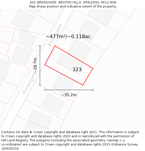 323, BROADGATE, WESTON HILLS, SPALDING, PE12 6DB: Plot and title map