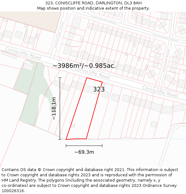 323, CONISCLIFFE ROAD, DARLINGTON, DL3 8AH: Plot and title map