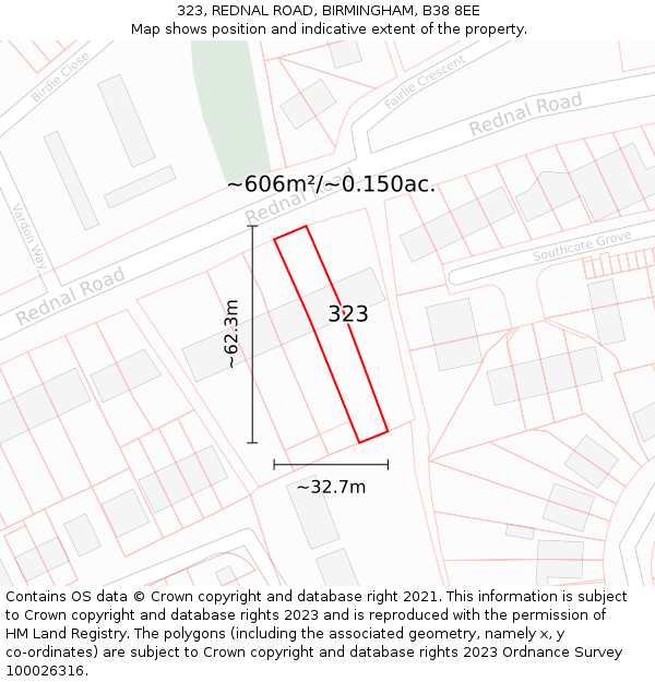 323, REDNAL ROAD, BIRMINGHAM, B38 8EE: Plot and title map