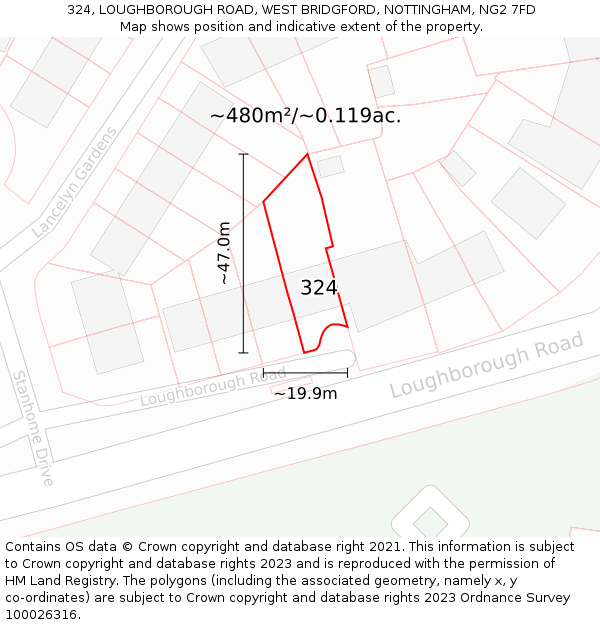 324, LOUGHBOROUGH ROAD, WEST BRIDGFORD, NOTTINGHAM, NG2 7FD: Plot and title map