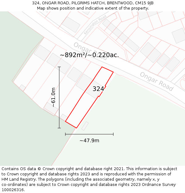 324, ONGAR ROAD, PILGRIMS HATCH, BRENTWOOD, CM15 9JB: Plot and title map