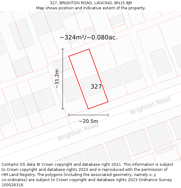 327, BRIGHTON ROAD, LANCING, BN15 8JR: Plot and title map