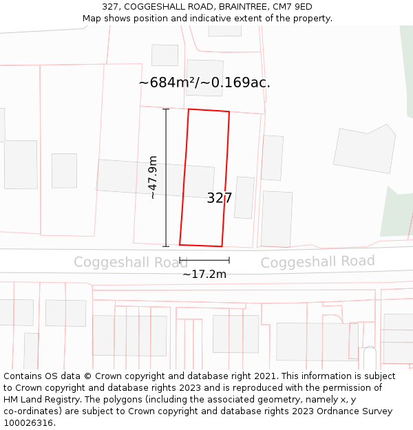 327, COGGESHALL ROAD, BRAINTREE, CM7 9ED: Plot and title map