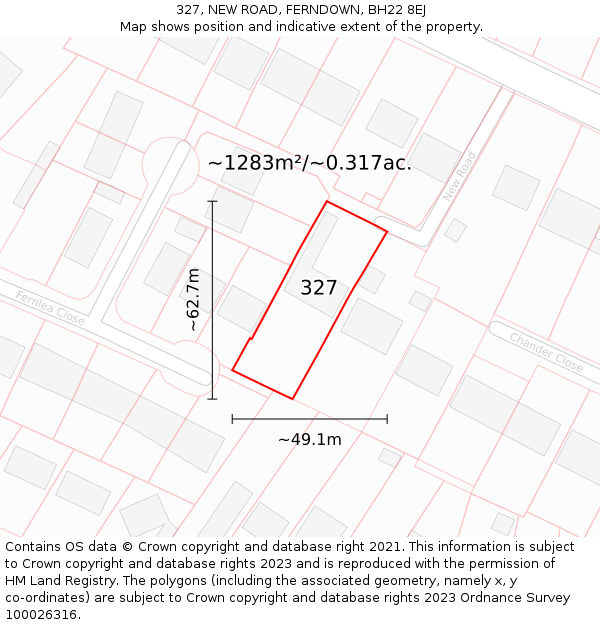 327, NEW ROAD, FERNDOWN, BH22 8EJ: Plot and title map