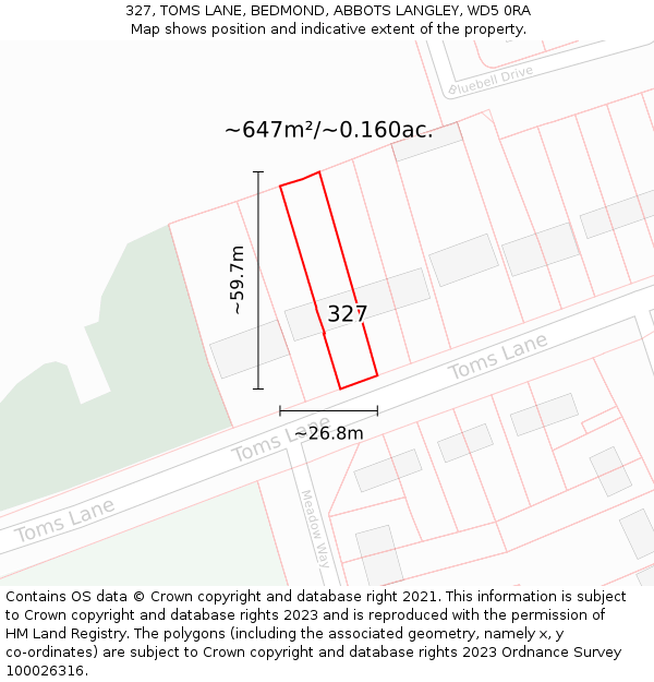 327, TOMS LANE, BEDMOND, ABBOTS LANGLEY, WD5 0RA: Plot and title map