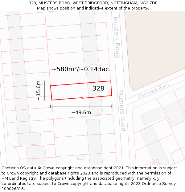 328, MUSTERS ROAD, WEST BRIDGFORD, NOTTINGHAM, NG2 7DF: Plot and title map