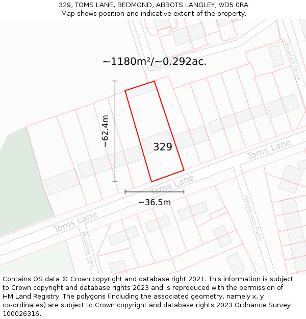 329, TOMS LANE, BEDMOND, ABBOTS LANGLEY, WD5 0RA: Plot and title map