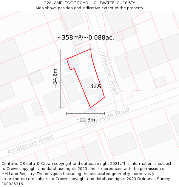 32A, AMBLESIDE ROAD, LIGHTWATER, GU18 5TA: Plot and title map