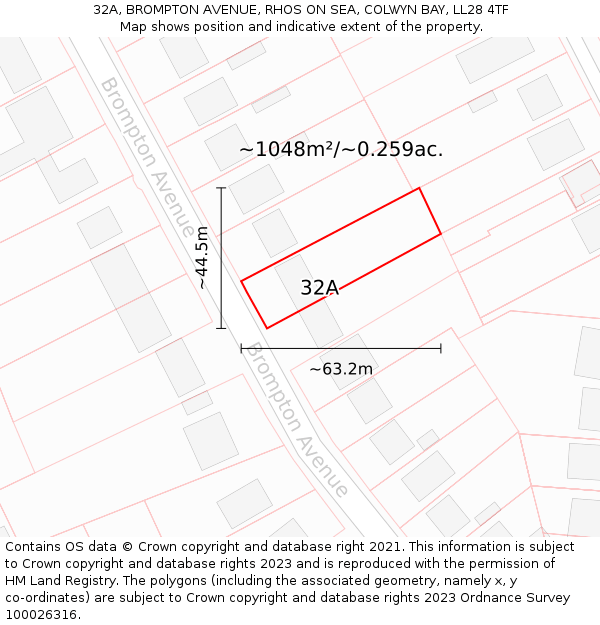 32A, BROMPTON AVENUE, RHOS ON SEA, COLWYN BAY, LL28 4TF: Plot and title map