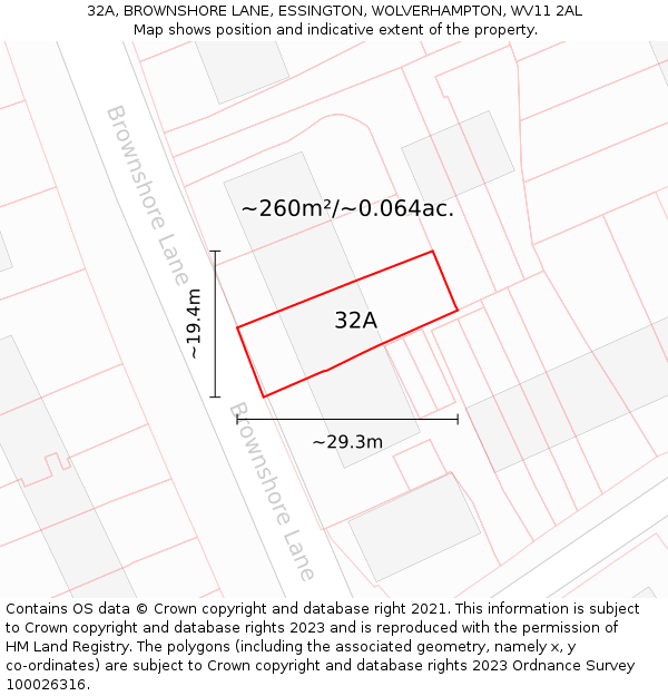 32A, BROWNSHORE LANE, ESSINGTON, WOLVERHAMPTON, WV11 2AL: Plot and title map