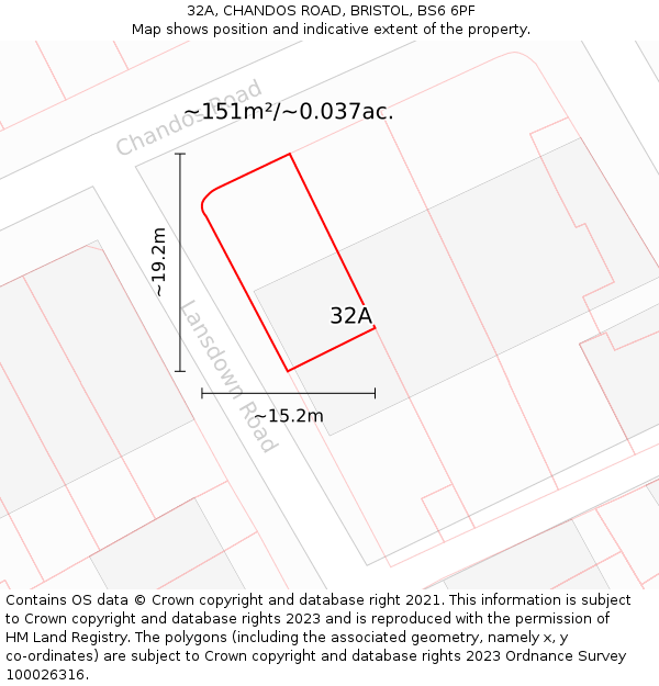 32A, CHANDOS ROAD, BRISTOL, BS6 6PF: Plot and title map