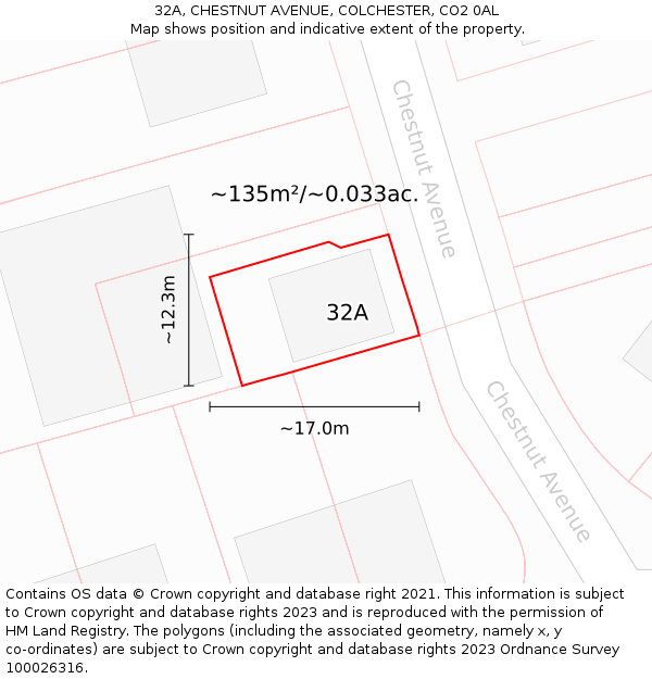 32A, CHESTNUT AVENUE, COLCHESTER, CO2 0AL: Plot and title map