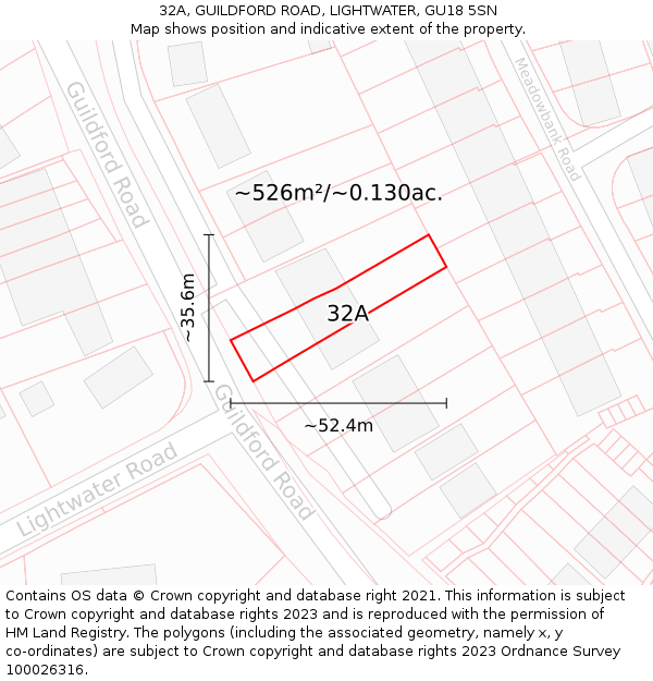 32A, GUILDFORD ROAD, LIGHTWATER, GU18 5SN: Plot and title map