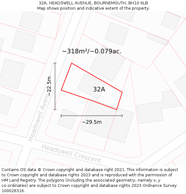 32A, HEADSWELL AVENUE, BOURNEMOUTH, BH10 6LB: Plot and title map