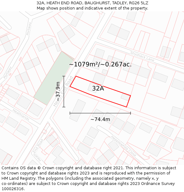 32A, HEATH END ROAD, BAUGHURST, TADLEY, RG26 5LZ: Plot and title map