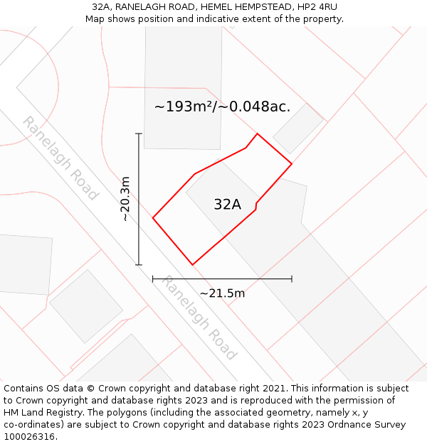 32A, RANELAGH ROAD, HEMEL HEMPSTEAD, HP2 4RU: Plot and title map