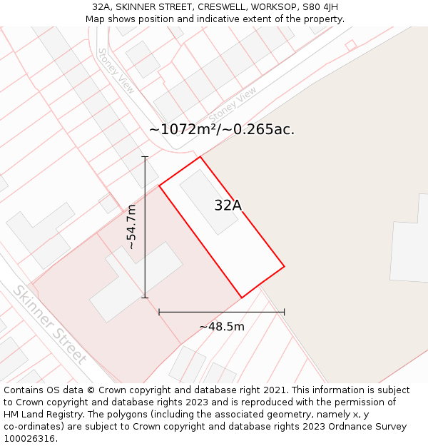 32A, SKINNER STREET, CRESWELL, WORKSOP, S80 4JH: Plot and title map